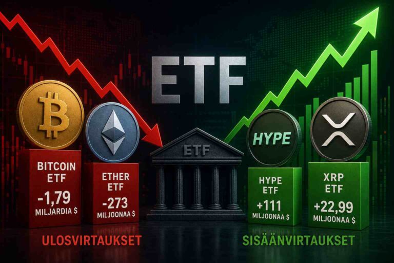 Bitcoin- ja Ether-ETF:t menettivät miljardeja – HYPE ja XRP houkuttelivat uutta pääomaa